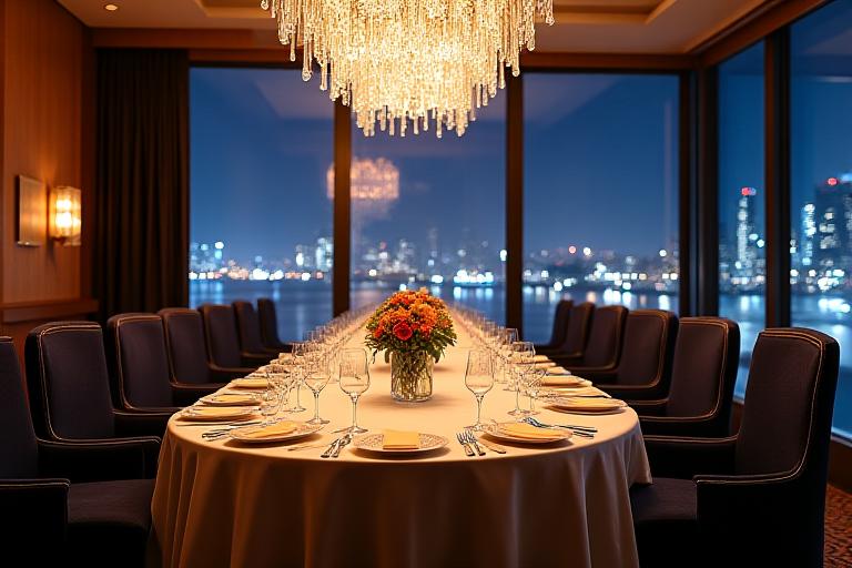 An elegantly decorated private dining room set for a formal event with a view of the cityscape.