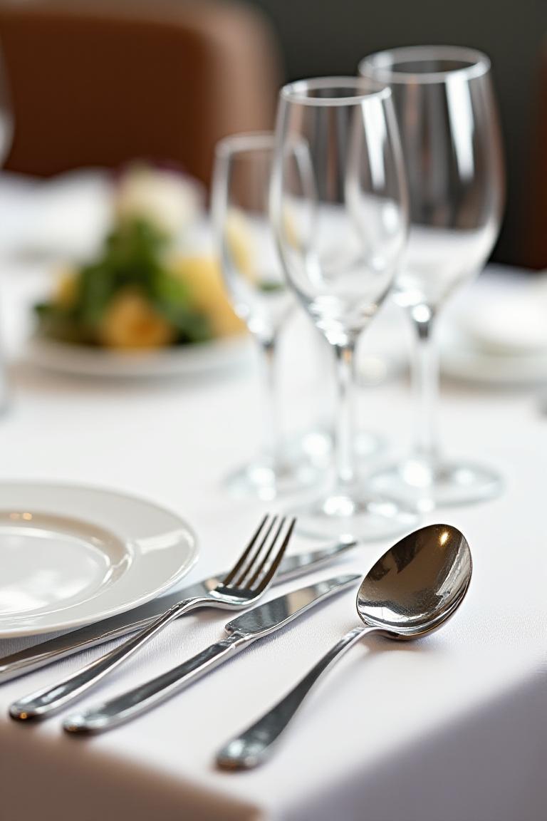 A meticulously set dining table with fine cutlery and glassware.