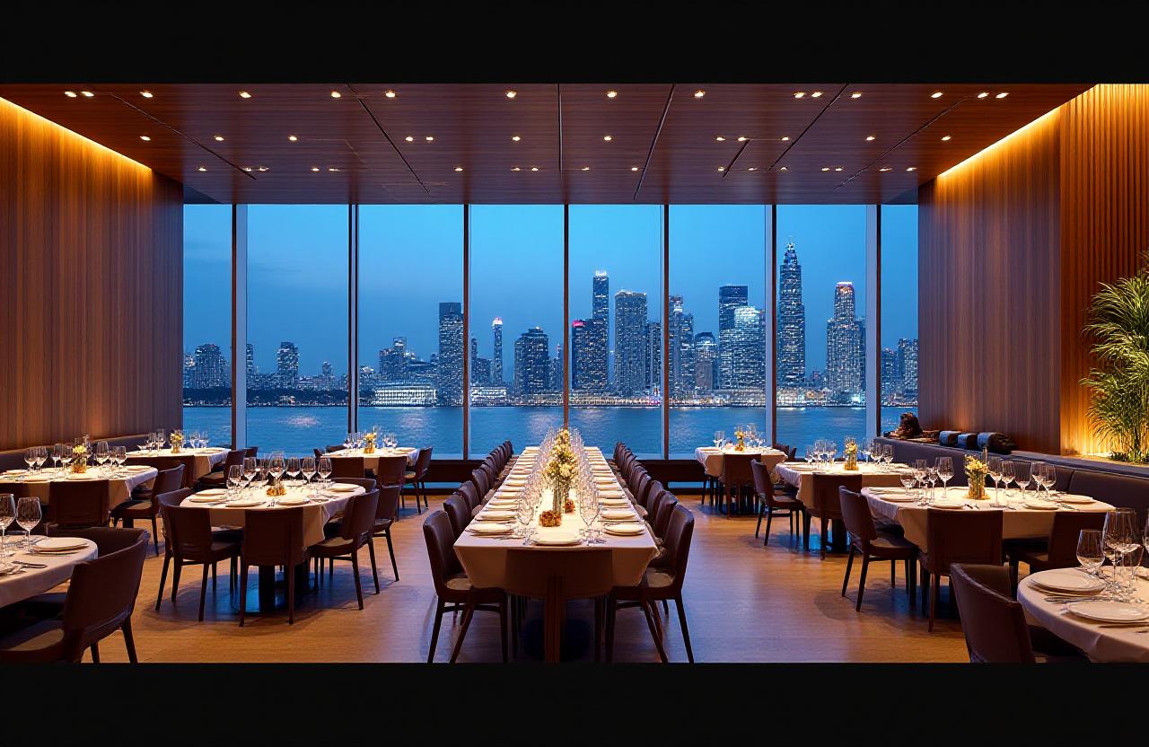 Elegant dining room interior of Confluence Gastronomy with a panoramic view of the Marina Bay skyline.