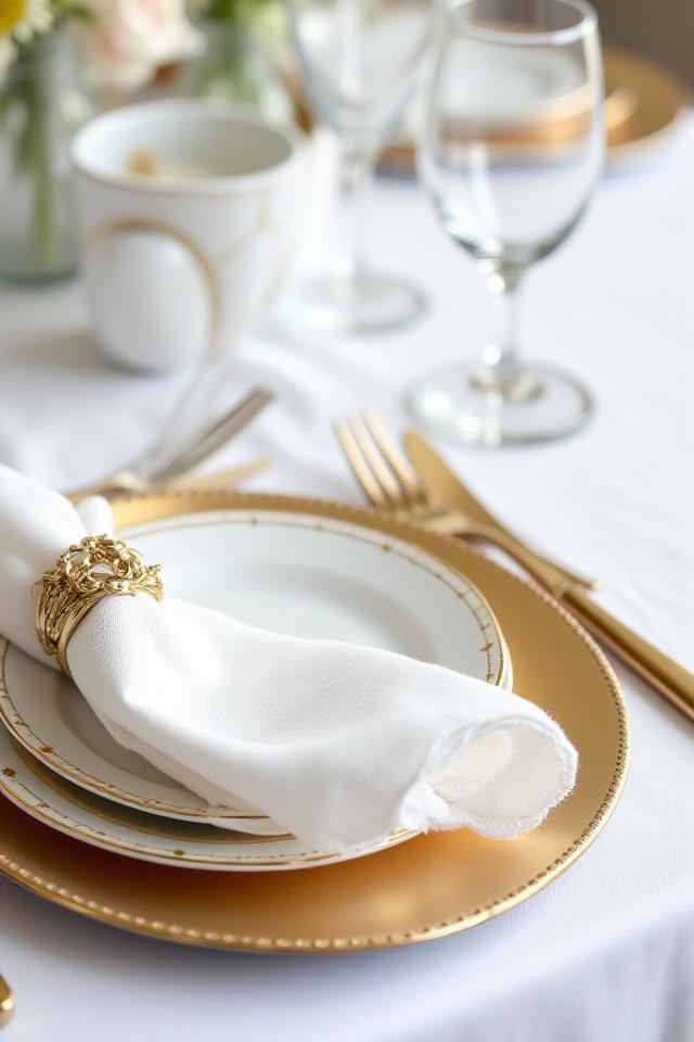 An elegantly arranged place setting on a pristine white tablecloth with golden charger plate and delicate cutlery.